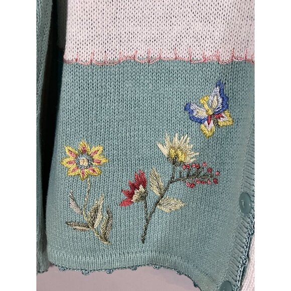 Vintage Knit Sweater L Green Patchwork Embroidery Retro Boho Classic Preppy 80s - Picture 6 of 16